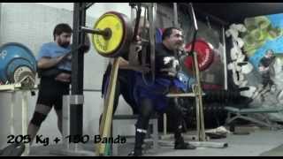 Heavy Box Squat w/ bands also Camber Bar, Axle, and more