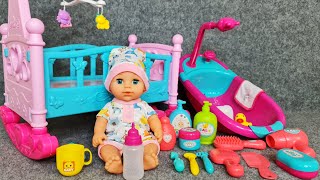 10 Minutes Satisfying with Unboxing Cute Pink Baby Bathtub Playset, Beds for Baby Dolls ASMR