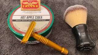 Razorock Lupo aluminum shaving & razor review, stirling hot apple cider, Treet falcon