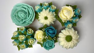 Buttercream Flower Cupcakes in Blue, Teal & White