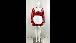 Lolita Sexy Maid Dress With Apron Cosplay Long Sleeve Wet Look PVC Turtleneck Flare Mini Dress