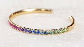 14k Yellow Gold Rainbow Cuff Bangle Gemstone Sapphire Bracelets