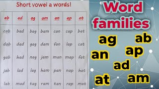 Short vowel a words. word families ab, ad, ag, am, an, ap,at