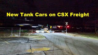 String of New, Unvandalized Tank Cars on CSX Freight - Night Train