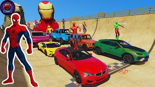 COLORFUL SUPER CARS, SPIDERMAN AND FRIENDS, FUN DRIVING ON MEGA RAMP, ENJOY WATCHING - GTA V (EP-3)