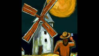 A man with beard photographing the moon behind a windmill in the manner of Cézanne