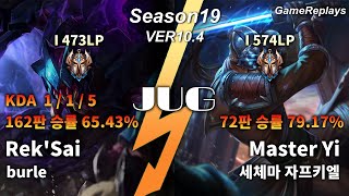 JUNGLE Rek'Sai VS Master Yi Replay S10 / 정글 렉사이 VS 마스터 이 관전 시즌10 - 1/1/5 Patch 10.4 KR