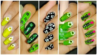 5 New nailart design with green 💚 and yellow black colour 🖤🌼|| Latest 5 Nailart design at Home