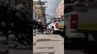 Motorbike crashes into police! Lands in back of pick up truck! #shorts #funny #motorcycle