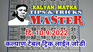 KALYAN MATKA TIPS AND TRICKS MASTER TODAY 10.9.2022 KALYAN TABLE TRICK LINE JODI