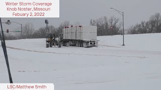 Major Winter Storm Slide-offs, Semi Stuck Uphill on Slick Roads - Knob Noster, Missouri