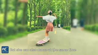 11 year old girl from E China shows skateboarding talent