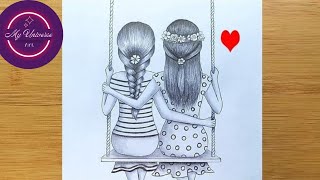 How to draw Best friends sitting together on a swing || Best friends sketch ||Pencil sketch tutorial