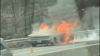 Highway Inferno: Full Footage of Car Engulfed in Flames! 🔥🚗 #CarFire #HighwayChaos