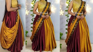 How to wear Saree new Styles/Satin saree draping wd new way/Saree Wearing lehnga styles