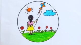 makar Sankranti drawing/little girl flying kite drawing/Sankranti poster drawing/Sankranti drawing