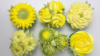 Butter Cream Flower Cupcakes: sunflower, rose/rosette, carnation (visit anhbakes.com for recipes)