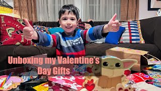 Gabe opens up his Valentine’s Day gifts from school