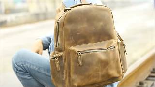 Vintage Crazy Horse Genuine Leather Travel Backpack 15.6 Inches -- Woosir