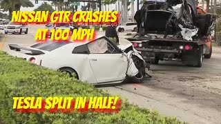 Nissan GTR CRASHES at 100 MPH Splits TESLA Model X in HALF!