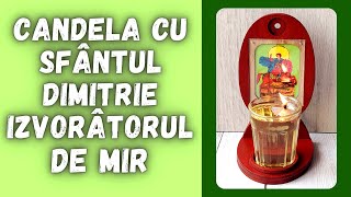 ✠ Candela din lemn cu Icoana Sfântului Mare Mucenic Dimitrie – Izvorâtorul de Mir ✠