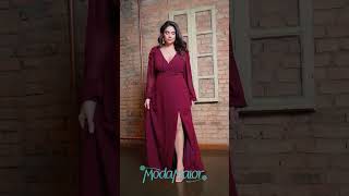 Vestido de Festa Plus Size Crepe Mangas Longas Transpassado.