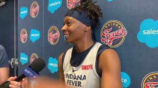 Indiana Fever: Guard Erica Wheeler and forward NaLyssa Smith speak with reporters on August 8, 2024