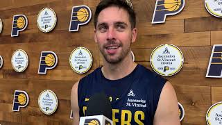 Indiana Pacers guard T.J. McConnell speaks to reporters after practice on October 13, 2024