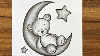 How to draw a teddy bear sleeping on moon || teddy bear sketch