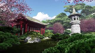 ( CGI 4k Stock Footage ) Japansese asian buddhist architecture temple zen garden 3