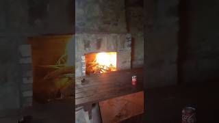 Summer camp fire in an ancient brick lean-to! #camping fireplace #outdoors #nature #subscribe