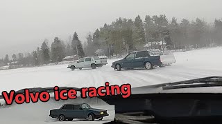 Ice racing on frozen lake. Drifting Volvo 740 and 240