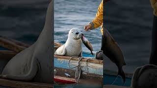 Heartwarming moment on a fishing boat, seal takes the fish so gently