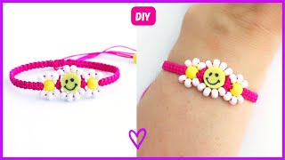 🌼PULSERAS de hilo con flores con mostacillas y carita feliz / pulseras fáciles / #pulserasconflores