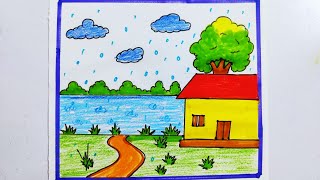 Rainy season drawing/rainy day poster making/rainy season scenery drawing/village scenery drawing