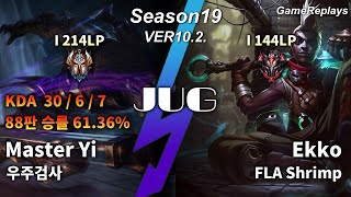 JUNGLE Master Yi VS Ekko Replay S10 / 정글 마스터 이 VS 에코 관전 시즌10 - 30/6/7 Patch 10.2. KR