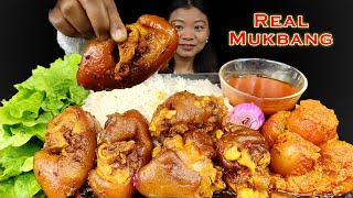 Eating Spicy Pork Leg Curry, Huge Pork Leg With Rice, Tomato Bomb With Stuffed veggie Nepali Mukbang