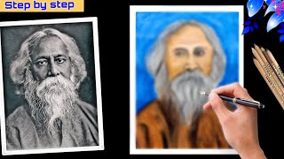 Rabindranath Tagore Oil Pastels Colour Drawing Tutorial | Step by Step drawing for beginners