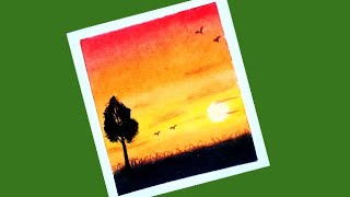 Sunset Scenery drawing | Easy Scenery drawing using oil pastel |