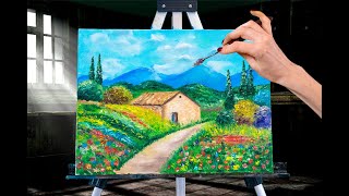 Summer landscape in oil. Oil painting A Cabin by the Road. Provence Landscape