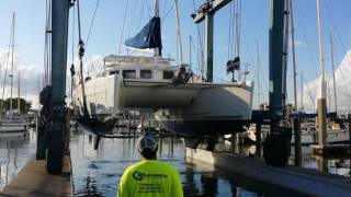 Lagoon 380 S2 catamaran being hauled out for survey