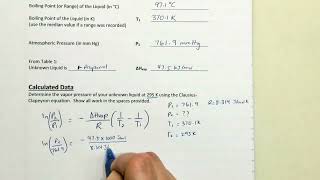 Hvap Lab Part A (Clausius-Clapeyron) Calculation Example