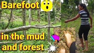 Barefoot walking in the mud and forest. Reforestation projects damaged by typhoon Odette