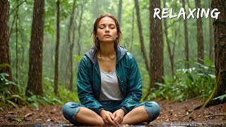 Girl Meditates in Rainy Forest - Peaceful Nature Sounds and rain drops 🌧️  (ASMR)