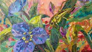 Bush Cricket Collage Painting Work in Progress