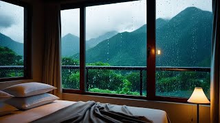 Comfortable Bedroom Rainy Atmosphere, Thick Blankets, and Green Mountain Views