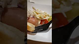 Hot dog with onions, pickles, sauerkraut, tomatoes and coleslaw.