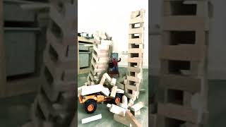 Monster Trucks Crashes into Jenga Tower #monsterjamtoys #monstertruck #lego #slowmotion #jengatower