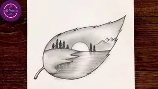 Easy Landscape Drawing || Easy Pencil Drawings || landscape drawing on a leaf || Easy Drawing