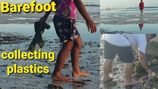 Barefoot walking and collecting plastics in the ocean/ Teaching children how important it is to..?